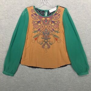 Paper Dolls S Sheer Embroidered Blouse Lace Back Green Tan Navy Color Block Boho